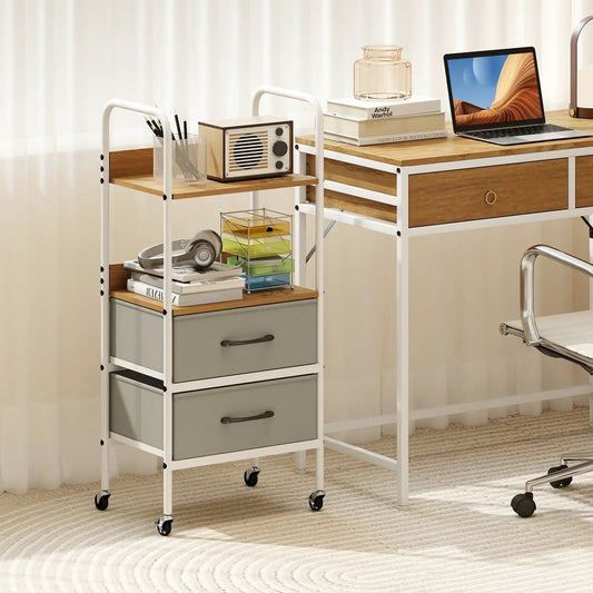Rolling utility cart with white frame, wood shelves and two gray fabric drawers on casters on Tampa Home & Garden Store