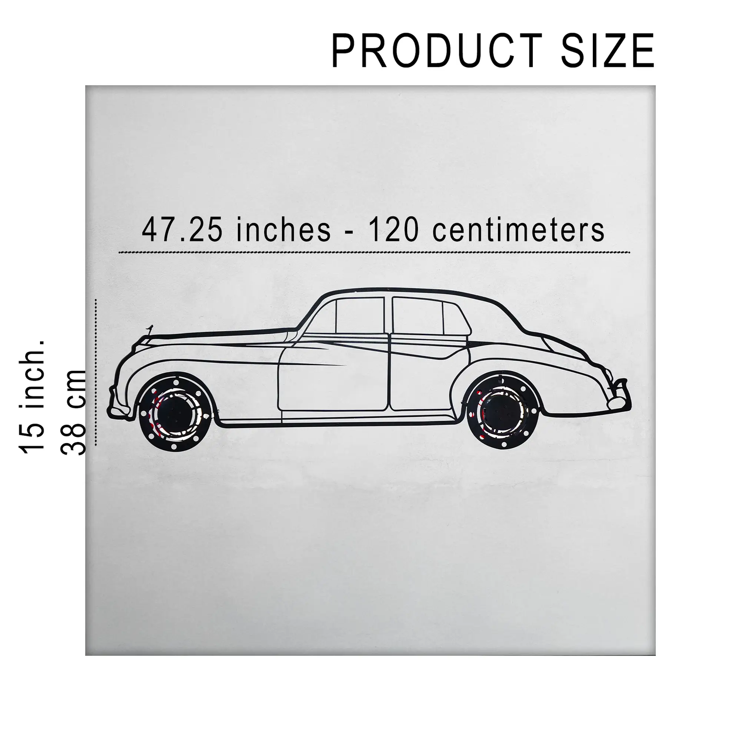 Rolls-Royce silver wall art metal sculpture featuring a car silhouette with spinning wheels on Tampa Home & Garden Store