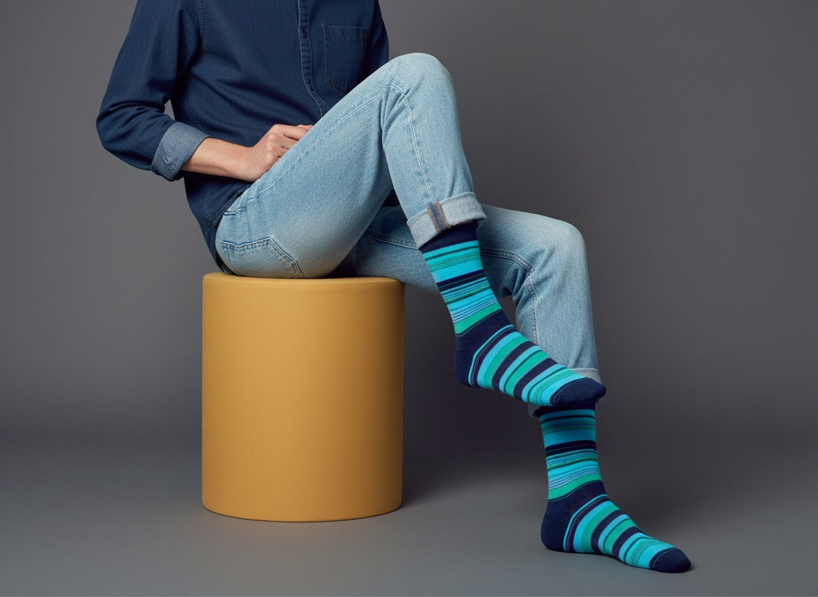Rolly Aqua and Teal Stripe Cotton Dress Socks