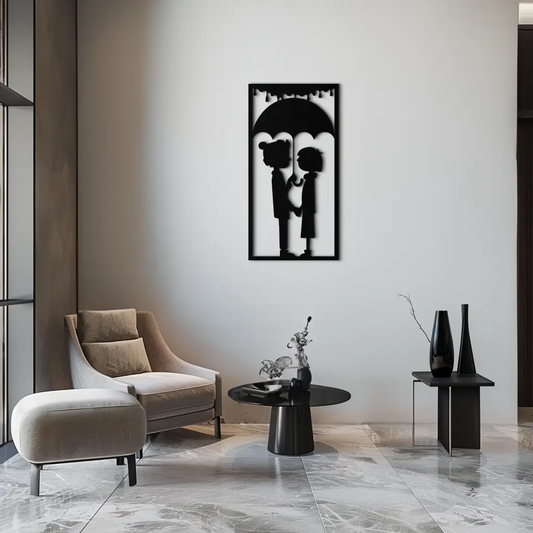 Romantic Couple Under Umbrella Metal Wall Art black silhouette in a rectangular frame on Tampa Home & Garden Store
