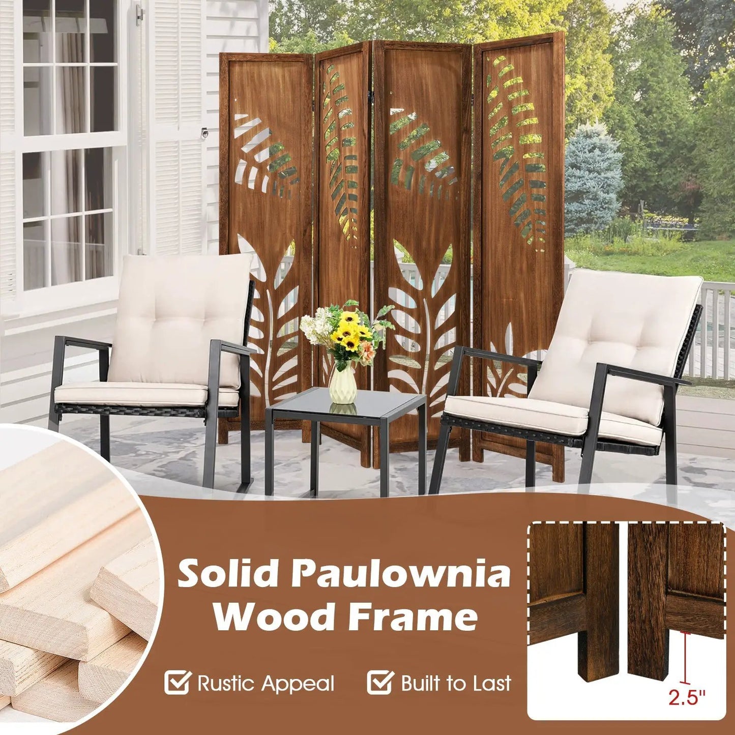 DirectDeals 4-panel folding room divider in solid paulownia wood with leaf cutout panels on Tampa Home & Garden Store