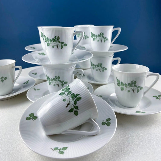 Rorstrand Rodos Espresso 11pc set white porcelain cups & saucers with green leaf motif on Tampa Home & Garden Store