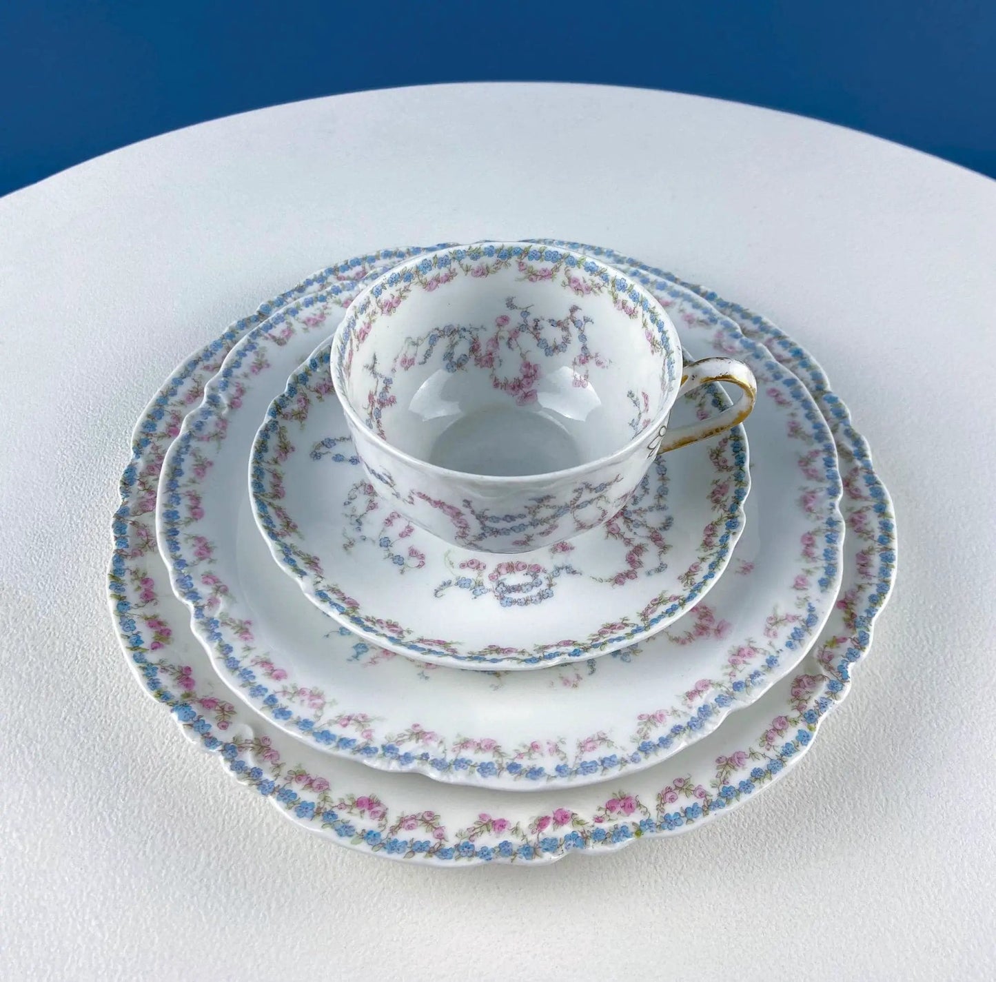 Rorstrand Rodos espresso set for 11 with pink blue leaf motif porcelain dinnerware on Tampa Home & Garden Store