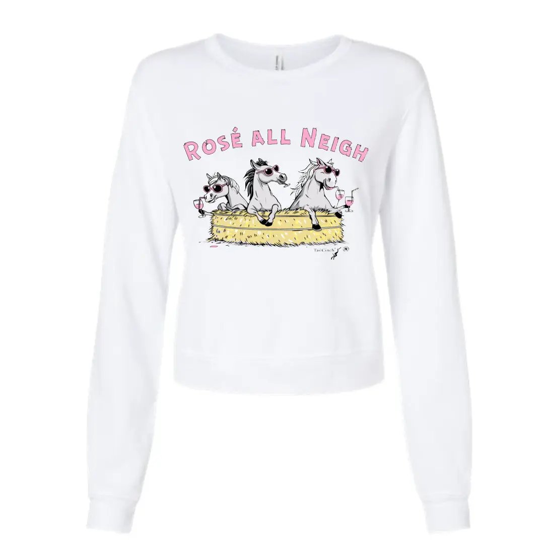 Rosé All Neigh T-shirt in white with three horses on a hay bale, pink text, The Tail Cinch on Tampa Home & Garden Store