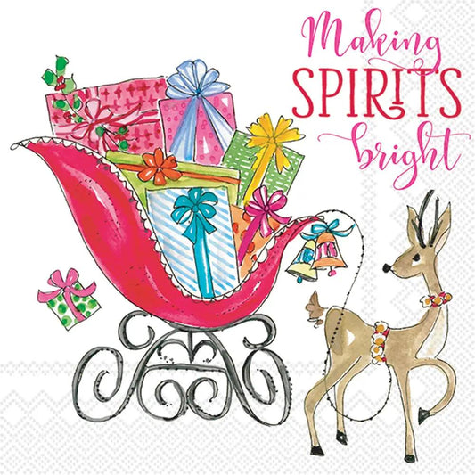 Rosanne Beck Making Spirits Bright cocktail napkin, festive sleigh with gifts and a deer on Tampa Home & Garden Store