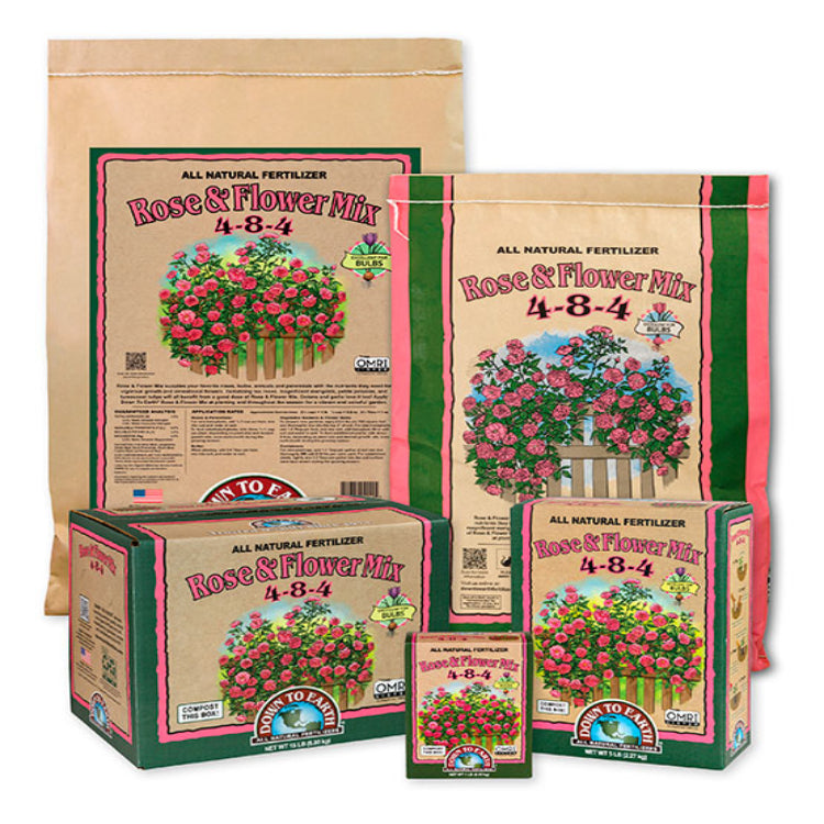 Down To Earth Rose & Flower Mix 4-8-4 fertilizer by Rivendell Distribution in assorted bags on Tampa Home & Garden Store