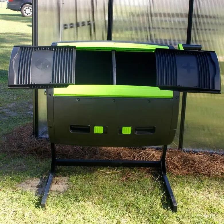 Rotating 65-Gallon Compost Bin Tumbler, green lid, black body by HomePacific on Tampa Home & Garden Store