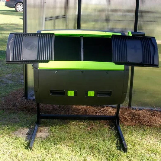 Rotating 65-Gallon Compost Bin Tumbler, green lid, black body by HomePacific on Tampa Home & Garden Store