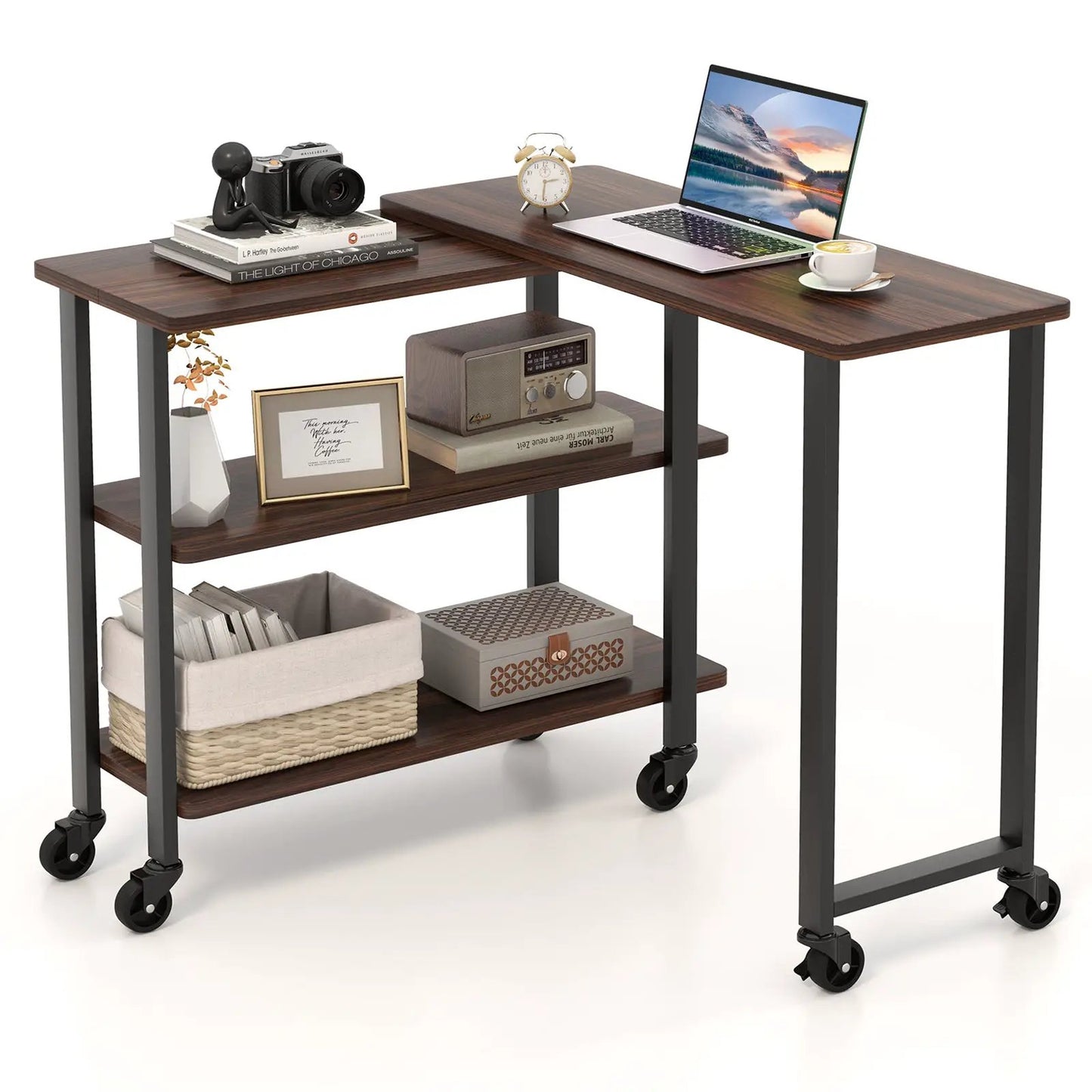 360 Rotating Sofa Side Table with Storage Shelves walnut top on black metal frame with wheels on Tampa Home & Garden Store