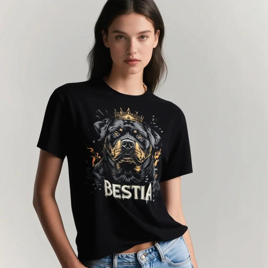 Rottweiler graphic T-shirt in black premium cotton with crown and BESTIA branding on Tampa Home & Garden Store