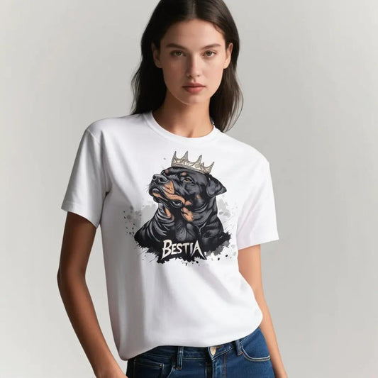Rottweiler T-Shirt white premium cotton with crowned rottweiler graphic, Bestia Dog Gear on Tampa Home & Garden Store