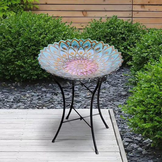 18-inch peacock glass mosaic birdbath with black metal stand pastel petal design on Tampa Home & Garden Store