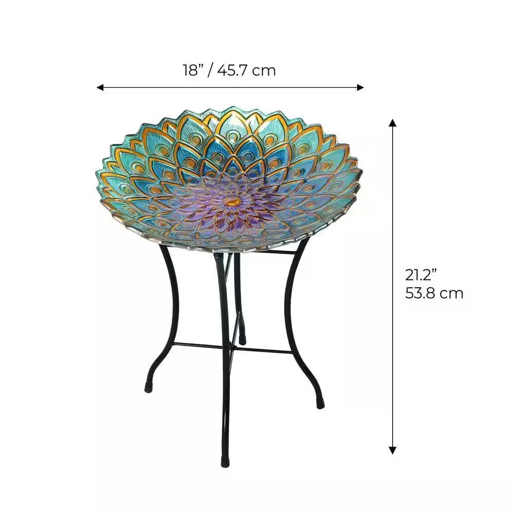 Round 18-inch Peacock Style Glass Mosaic Flower Birdbath with Metal Stand - Tampa Home & Garden Store