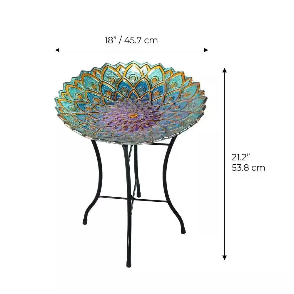 18 Inch Peacock Glass Mosaic Birdbath with Stand peacock glass bowl on black metal stand on Tampa Home & Garden Store