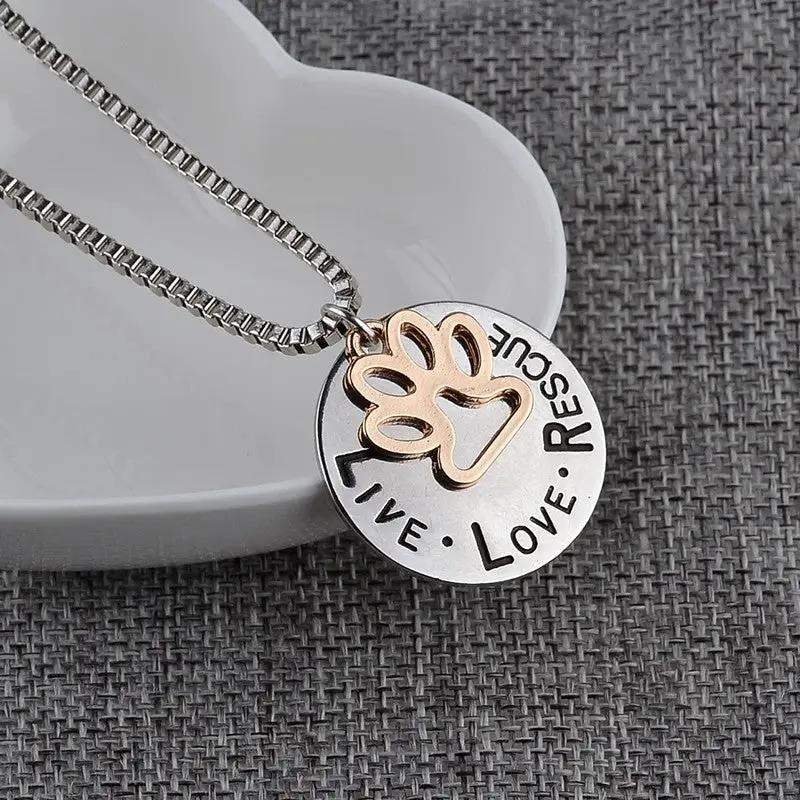 Round dog paw tag short necklace with silver disc engraved LIVE LOVE RESPECT and rose-gold paw on Tampa Home & Garden Store
