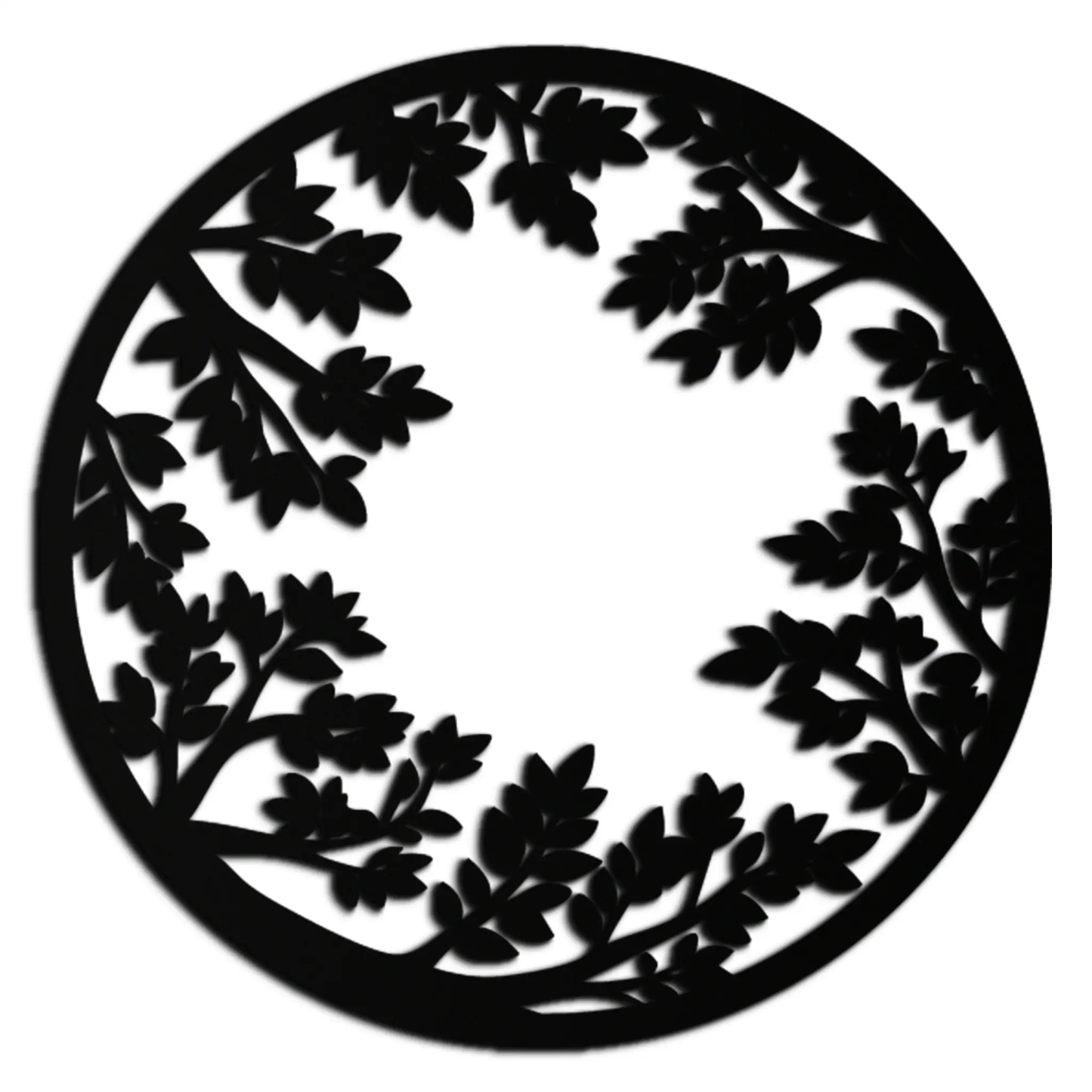 Round Leafy Branches metal wall art silhouette in black within a circular frame for interiors on Tampa Home & Garden Store