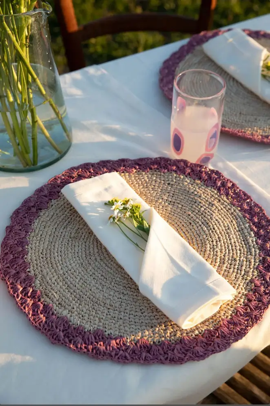 Round placemat with lavender edges, Colorful round placemat, natural fiber round placemat dining table decor , Handmade Placemat - Tampa Home & Garden Store