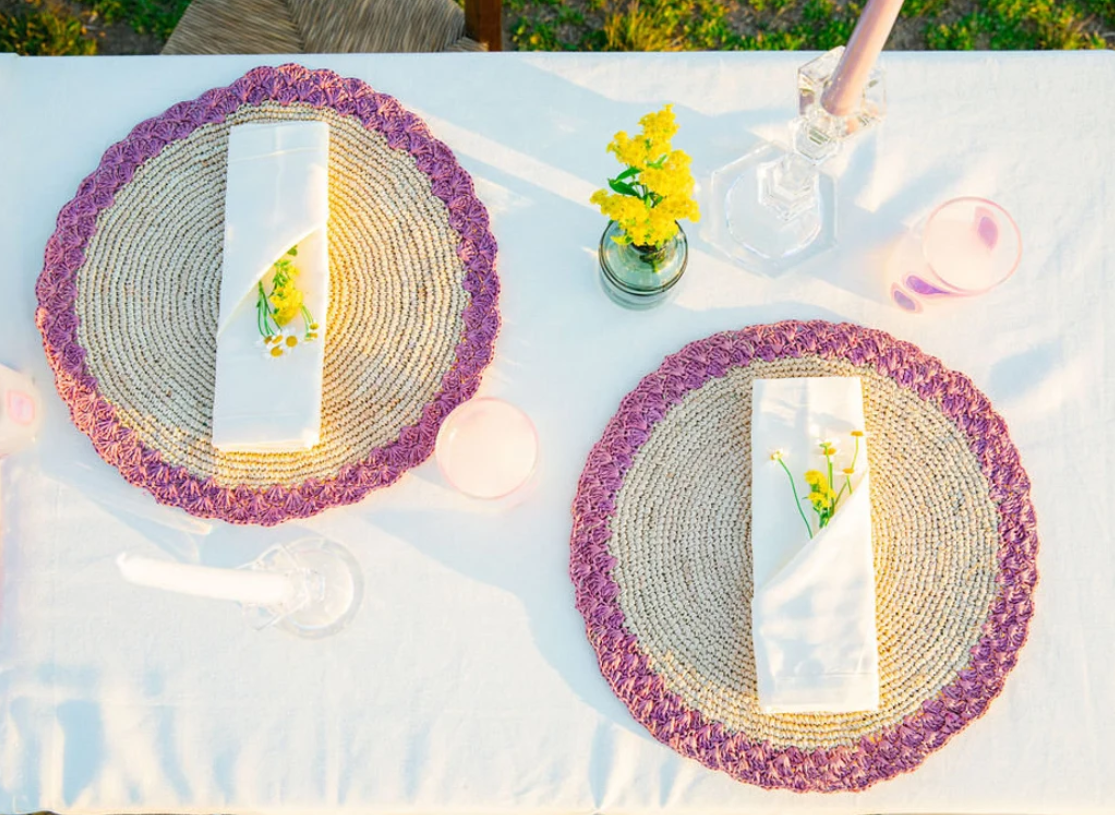 Round placemat with lavender edges, Colorful round placemat, natural fiber round placemat dining table decor , Handmade Placemat - Tampa Home & Garden Store