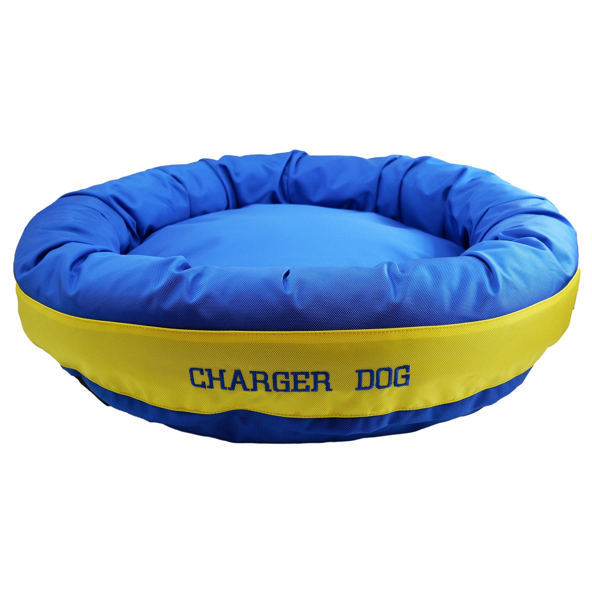 Charger Dog round blue pet bed with yellow border and padded sides on Tampa Home & Garden Store