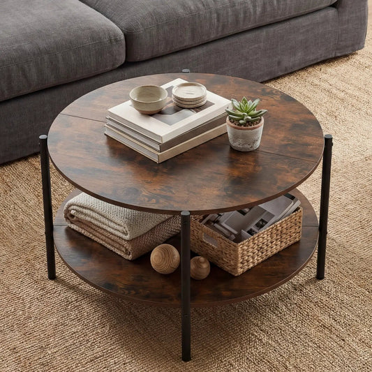 Round coffee table with open storage, dark walnut top, black metal legs, industrial on Tampa Home & Garden Store