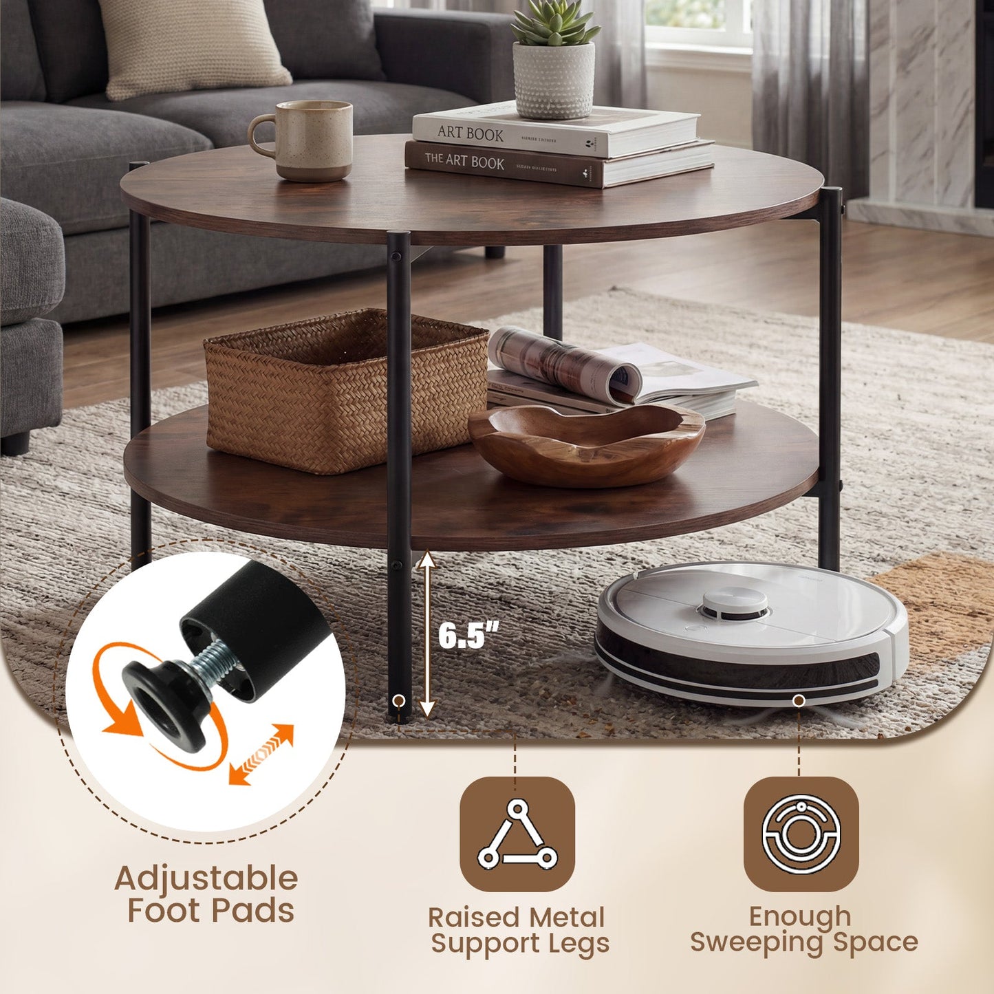 Round coffee table, 2-tier industrial, brown wood top with shelf, black metal legs on Tampa Home & Garden Store
