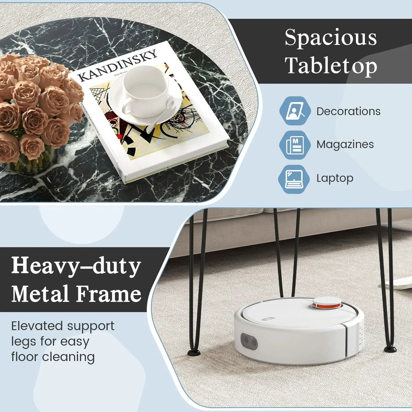 Round coffee table with thick black marble-top and sleek metal tripod legs DirectDeals on Tampa Home & Garden Store