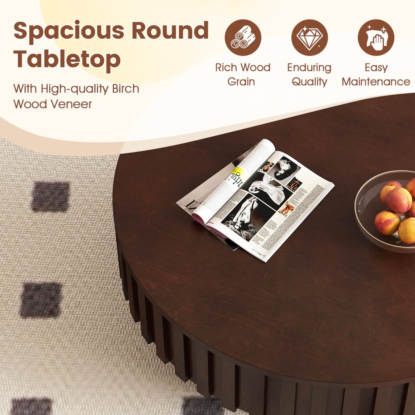Round drum coffee table with hidden storage in dark wood veneer; magazine on top and fruit bowl on Tampa Home & Garden Store