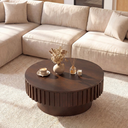 Round Coffee Table with Storage Modern Wooden Drum Coffee Table with Hidden Compartment - Tampa Home & Garden Store