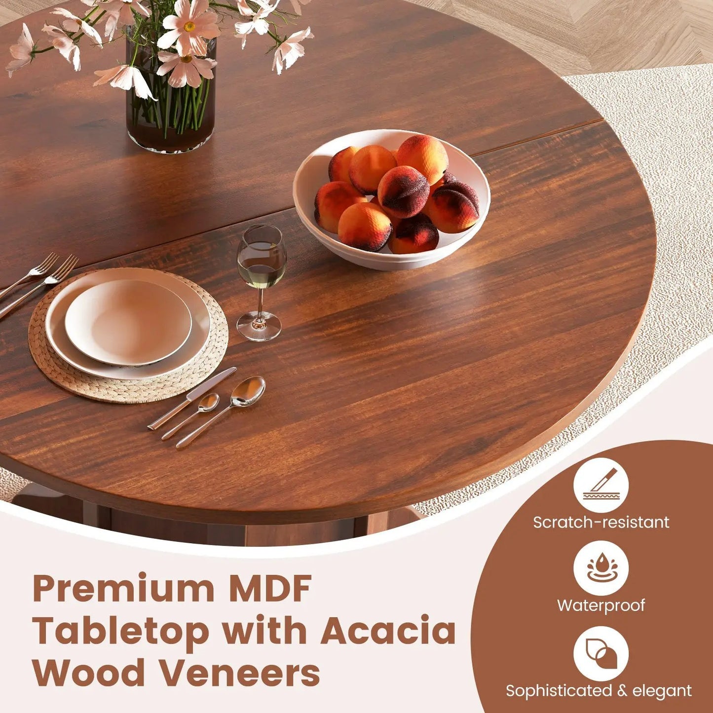 Round walnut dining table with pedestal base for 4-6 people on Tampa Home & Garden Store