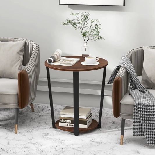 DirectDeals round walnut end table with open shelf and black metal frame between two gray chairs on Tampa Home & Garden Store