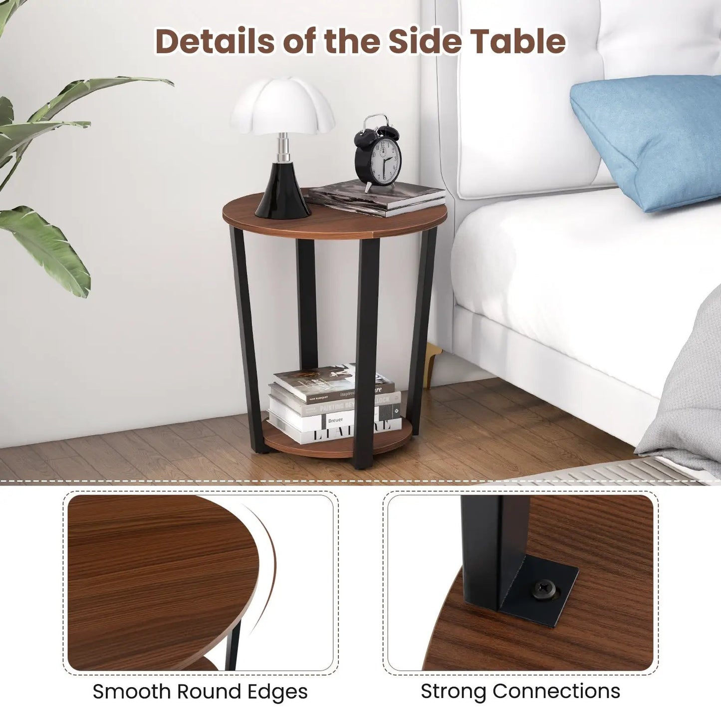 Round End Table Open Shelf Metal Frame Walnut