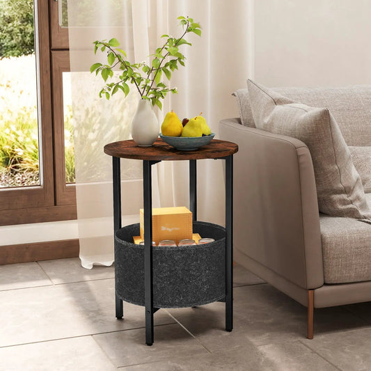 Round End Table with Removable Fabric Basket, wood top and black metal frame, DirectDeals on Tampa Home & Garden Store