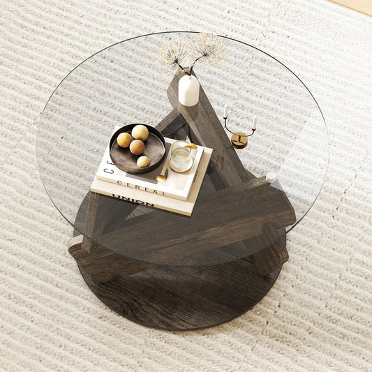 Round Glass Coffee Table 32 Inch Modern Center Table with Tempered Glass Top-Gray - Tampa Home & Garden Store