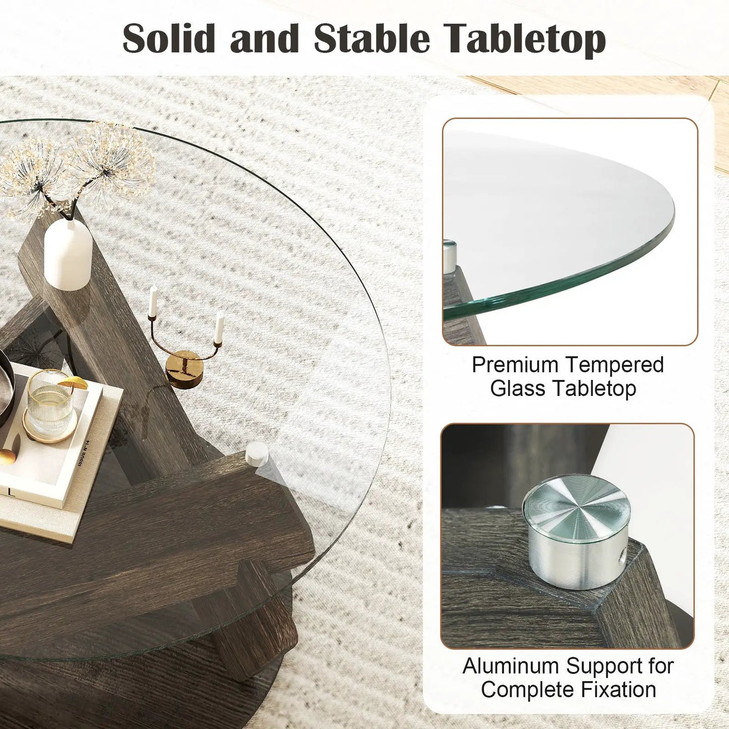 Round glass coffee table 32-inch gray with tempered top and dark wood base on Tampa Home & Garden Store