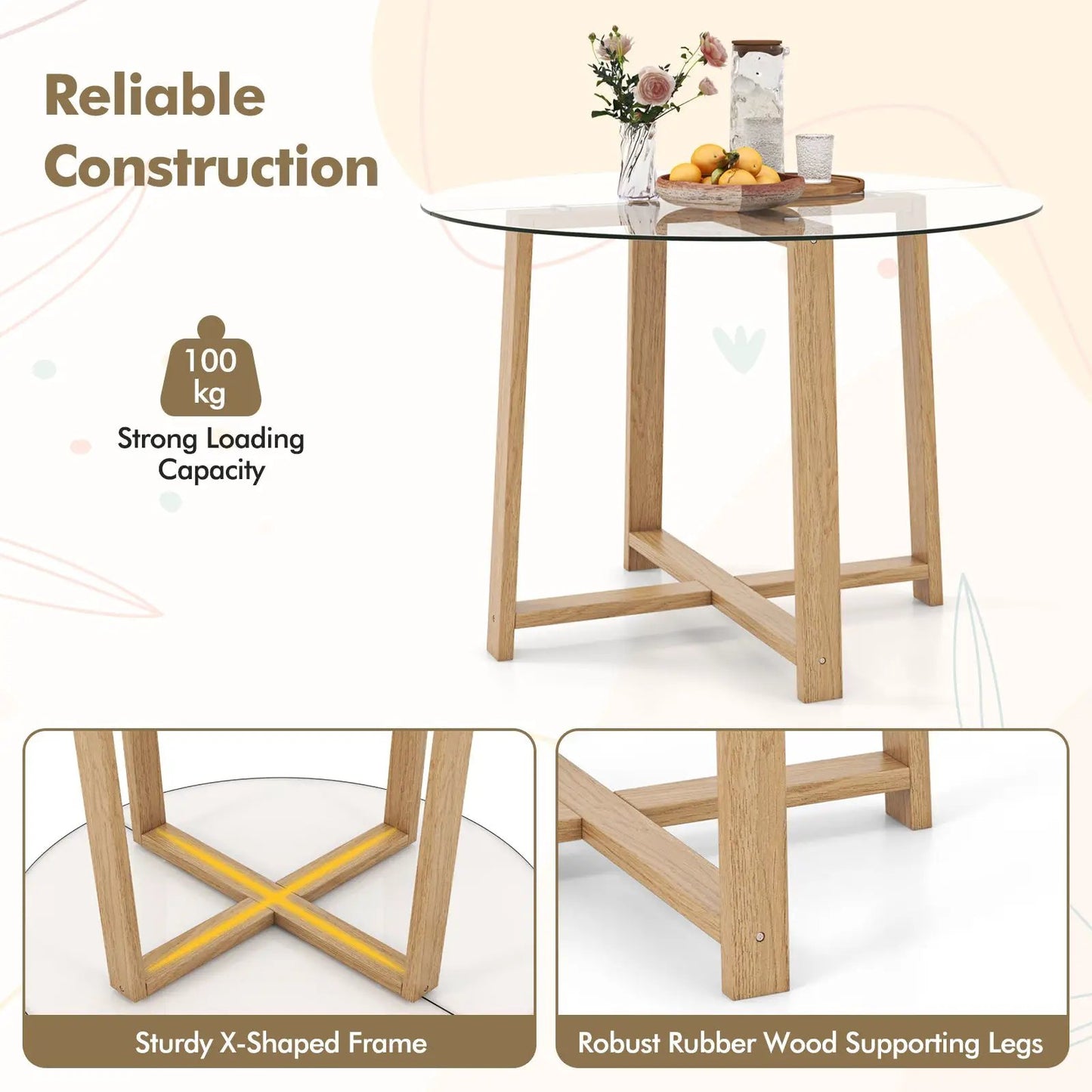 Round Glass Table 42-Inch with Rubber Wood Legs and sturdy X-shaped frame on Tampa Home & Garden Store