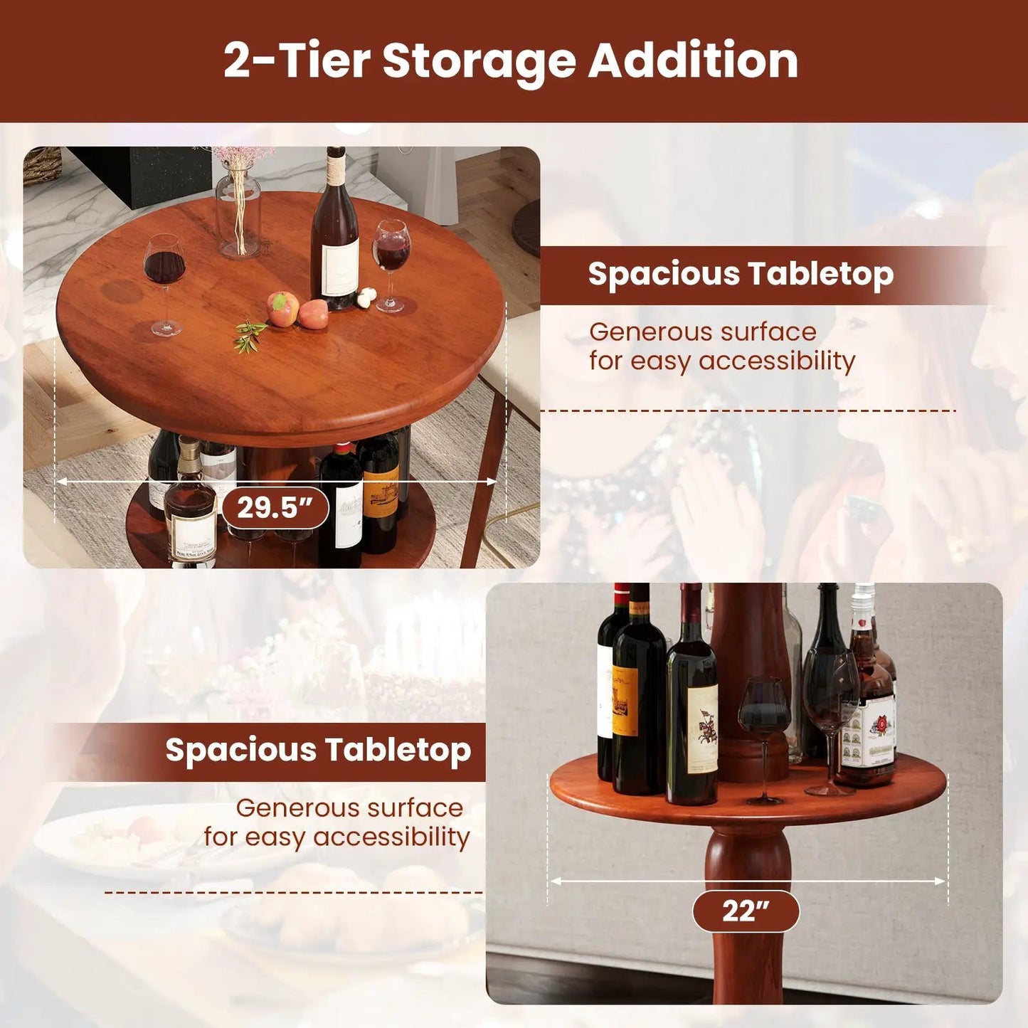 2-Tier High Top Bar Table with Storage Shelf espresso finish shown with wine bottles on Tampa Home & Garden Store