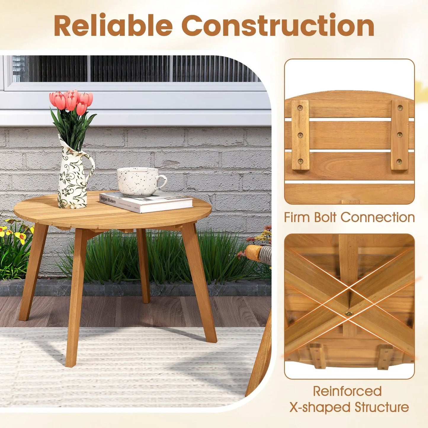 Round outdoor acacia wood slatted side table with natural finish for patio poolside use on Tampa Home & Garden Store
