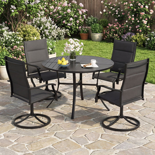 Round 42.5 inch metal slat patio dining table with umbrella hole and four cushioned chairs on Tampa Home & Garden Store