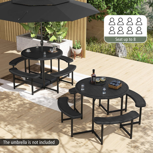 Round Picnic Table Bench Set with 4 Benches and Umbrella Hole for Patio Lawn-Black - Tampa Home & Garden Store