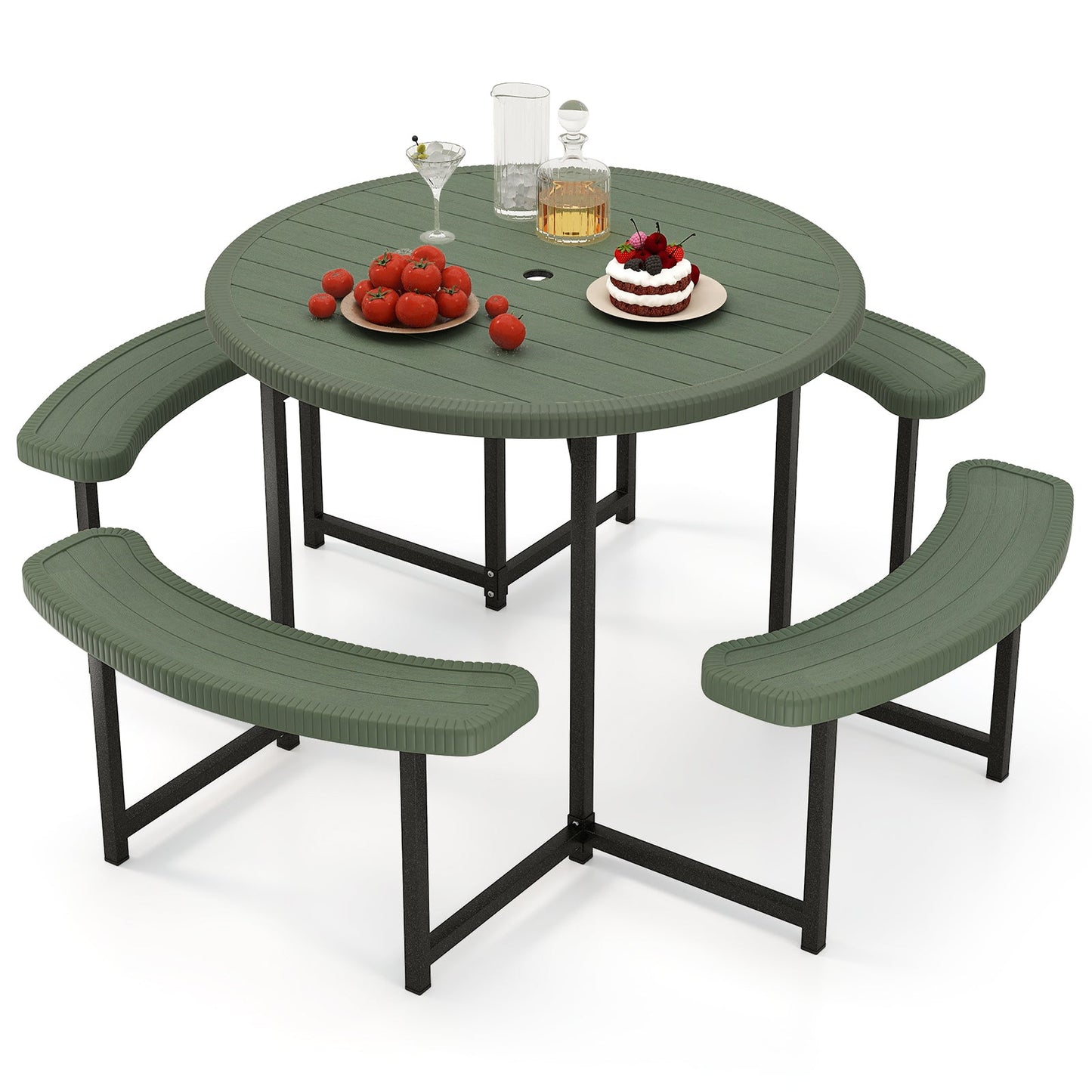 Round Picnic Table Bench Set with 4 Benches and Umbrella Hole for Patio Lawn-Black - Tampa Home & Garden Store