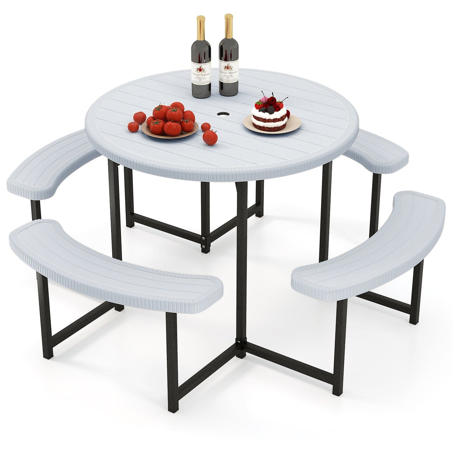 Juego de mesa de picnic redonda con 4 bancos y agujero para sombrilla para patio/jardín - Negro