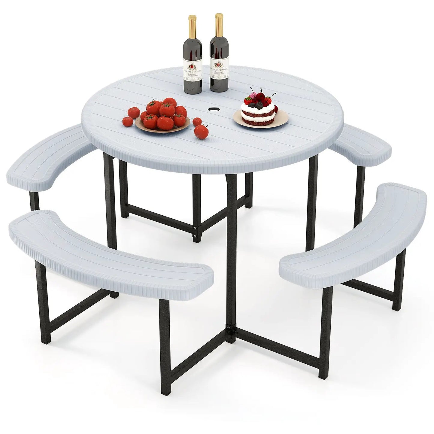 Round Picnic Table Bench Set with 4 Benches and Umbrella Hole for Patio Lawn-Black - Tampa Home & Garden Store