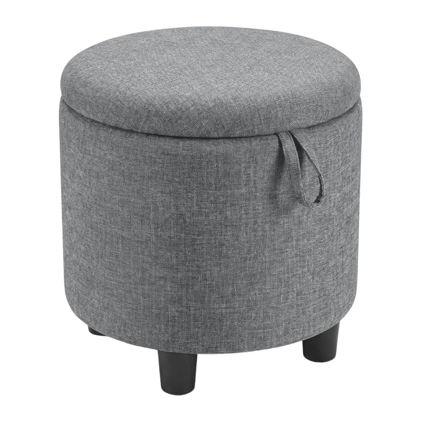 Round storage linen ottoman in grey fabric with dark wooden legs on Tampa Home & Garden Store