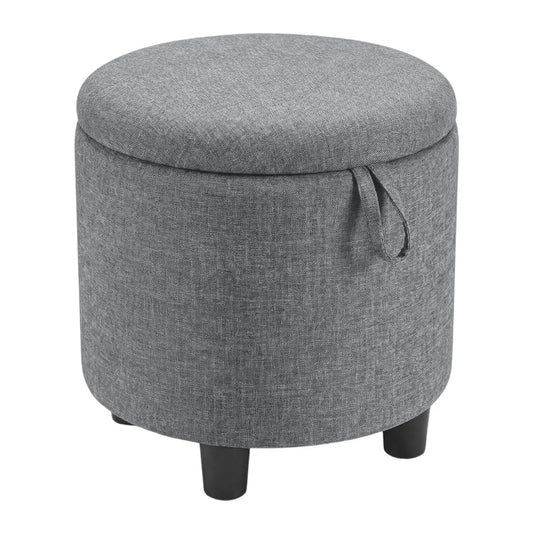 Round storage linen ottoman in grey fabric with dark wooden legs on Tampa Home & Garden Store