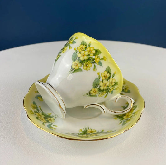 Royal Albert Prudence teacup and saucer with yellow floral motif and gold trim on Tampa Home & Garden Store