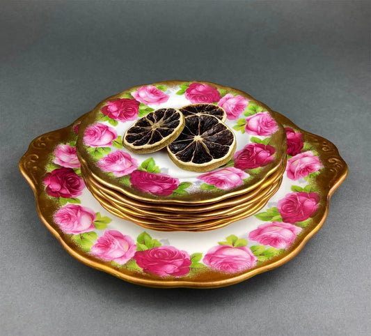 Royal Albert Old English Rose dessert plates set of 6 with 1 serving plate, pink roses and gold on Tampa Home & Garden Store