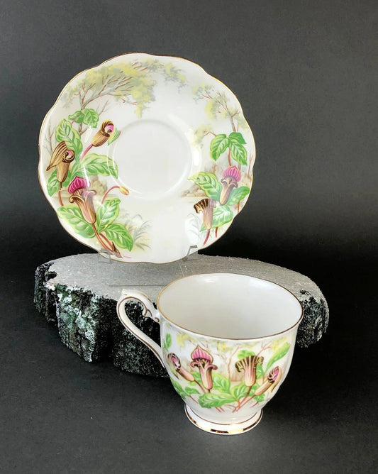 Royal Albert three-piece teacup and saucer set with botanical motif and gold trim England on Tampa Home & Garden Store