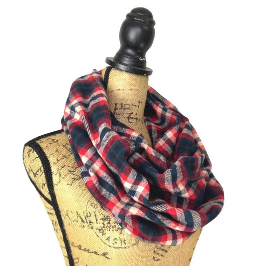 Royal Navy Plaid Flannel Infinity Scarf red navy white plaid wrapped around a mannequin bust on Tampa Home & Garden Store