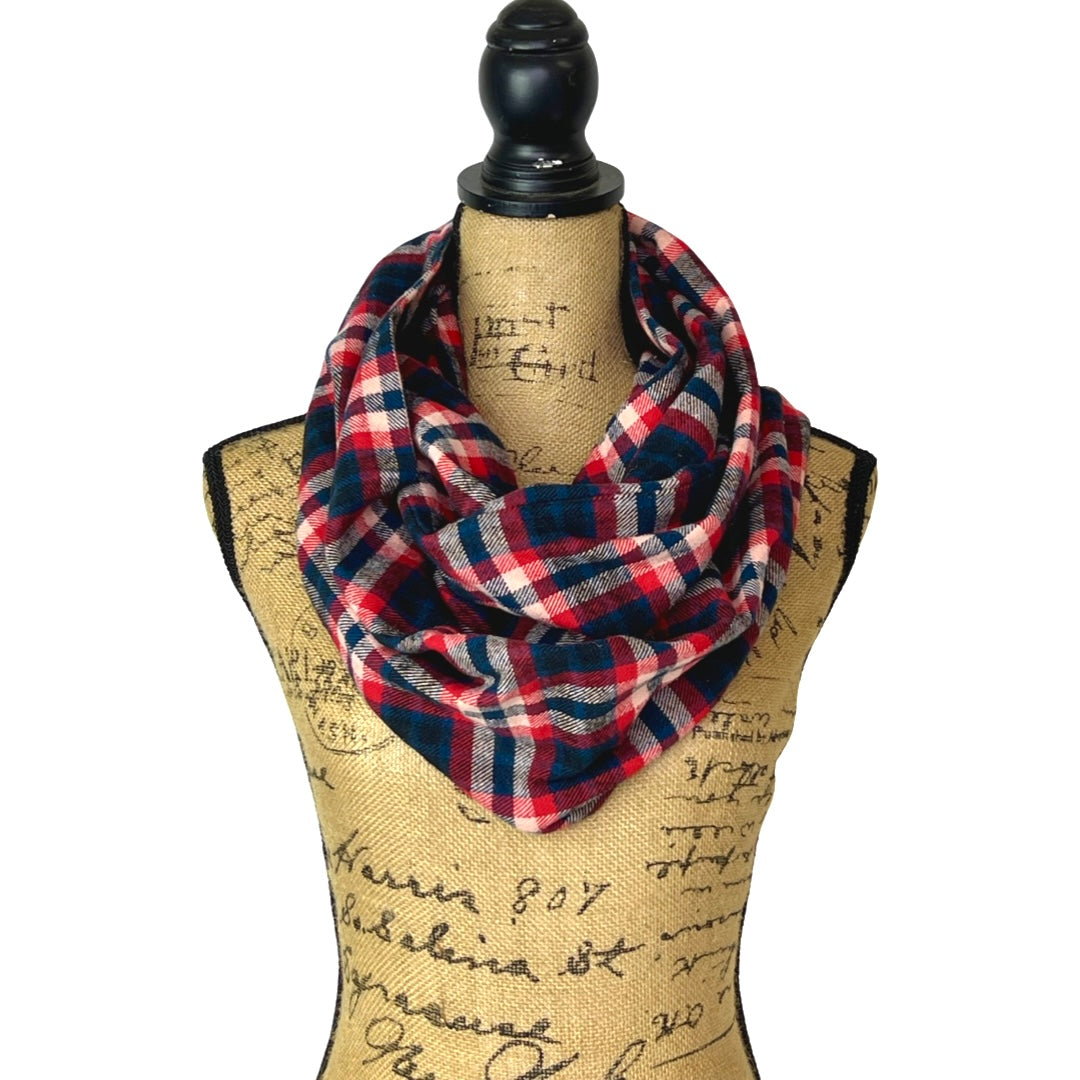 Royal Navy, Red, Black and Creamy White Plaid Flannel Infinity or Blanket Scarf - Tampa Home & Garden Store