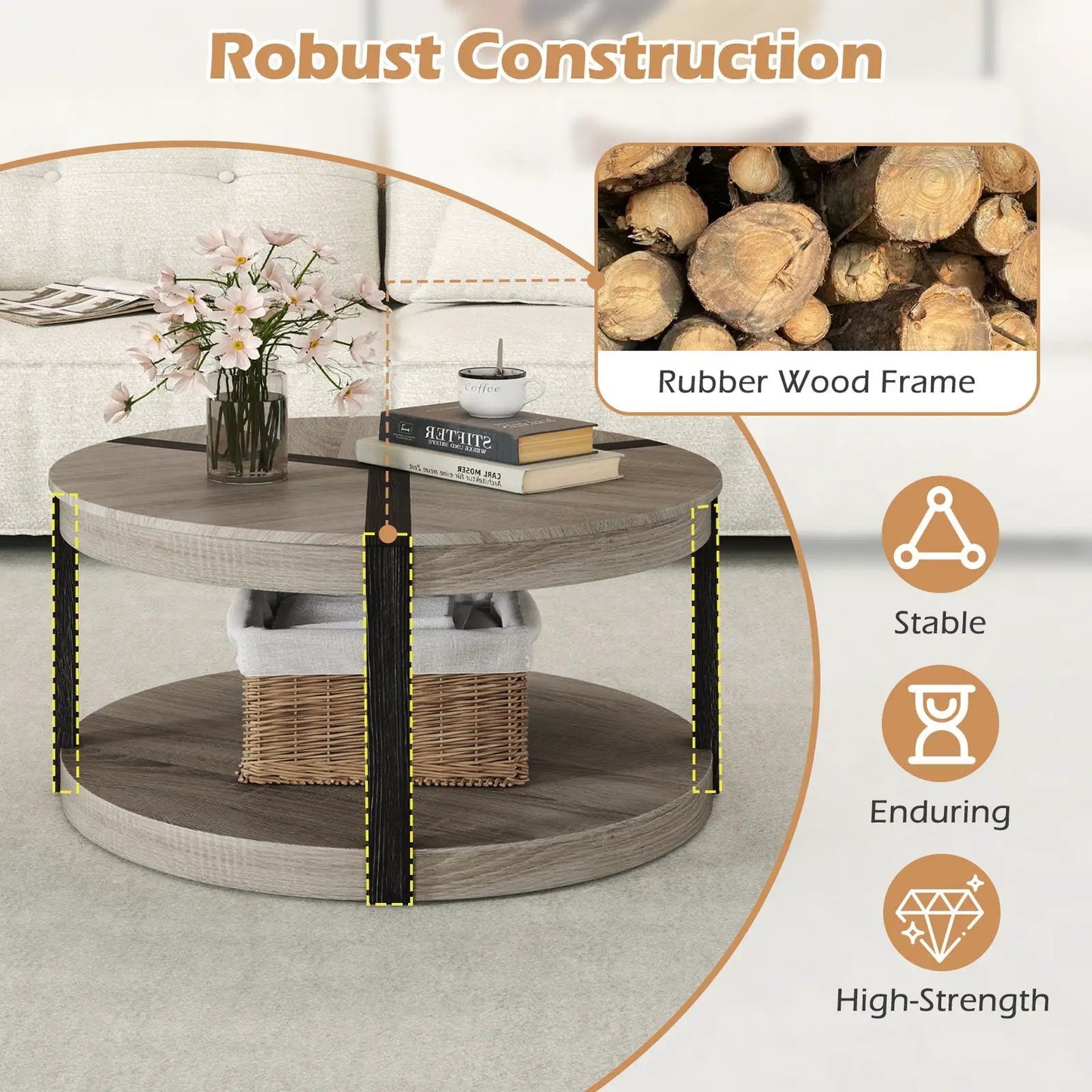 34.5" Rubber Wood 2-Tier Round Center Table with Spacious Tabletop and Storage Shelf-Gray - Tampa Home & Garden Store